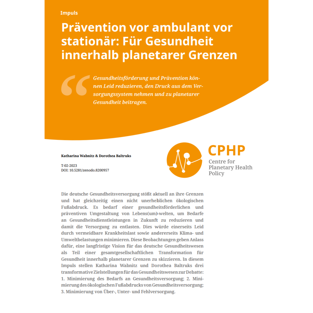 Prä­ven­ti­on vor ambu­lant vor sta­tio­när: Für Gesund­heit inner­halb pla­ne­ta­rer Gren­zen