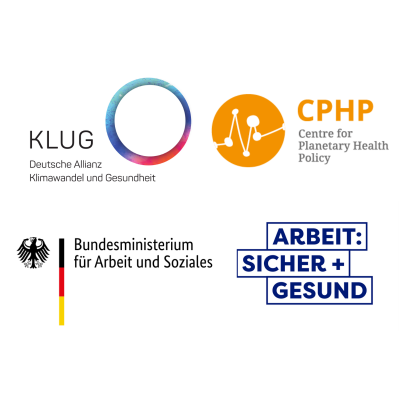 Logos der Deutschen Allianz Klimawandel und Gesundheit; des Centre for Planetary Health Policy, des Bumndesministeriums für Arbeit und Soziales; des Projektes "Arbeit: Sicher + Gesund"