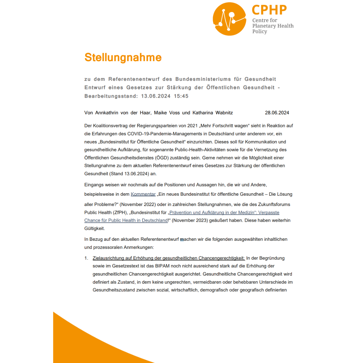 Stel­lung­nah­me zum Refe­ren­ten­ent­wurf des Bun­des­mi­nis­te­ri­ums für Gesund­heit — Ent­wurf eines Geset­zes zur Stär­kung der Öffent­li­chen Gesund­heit