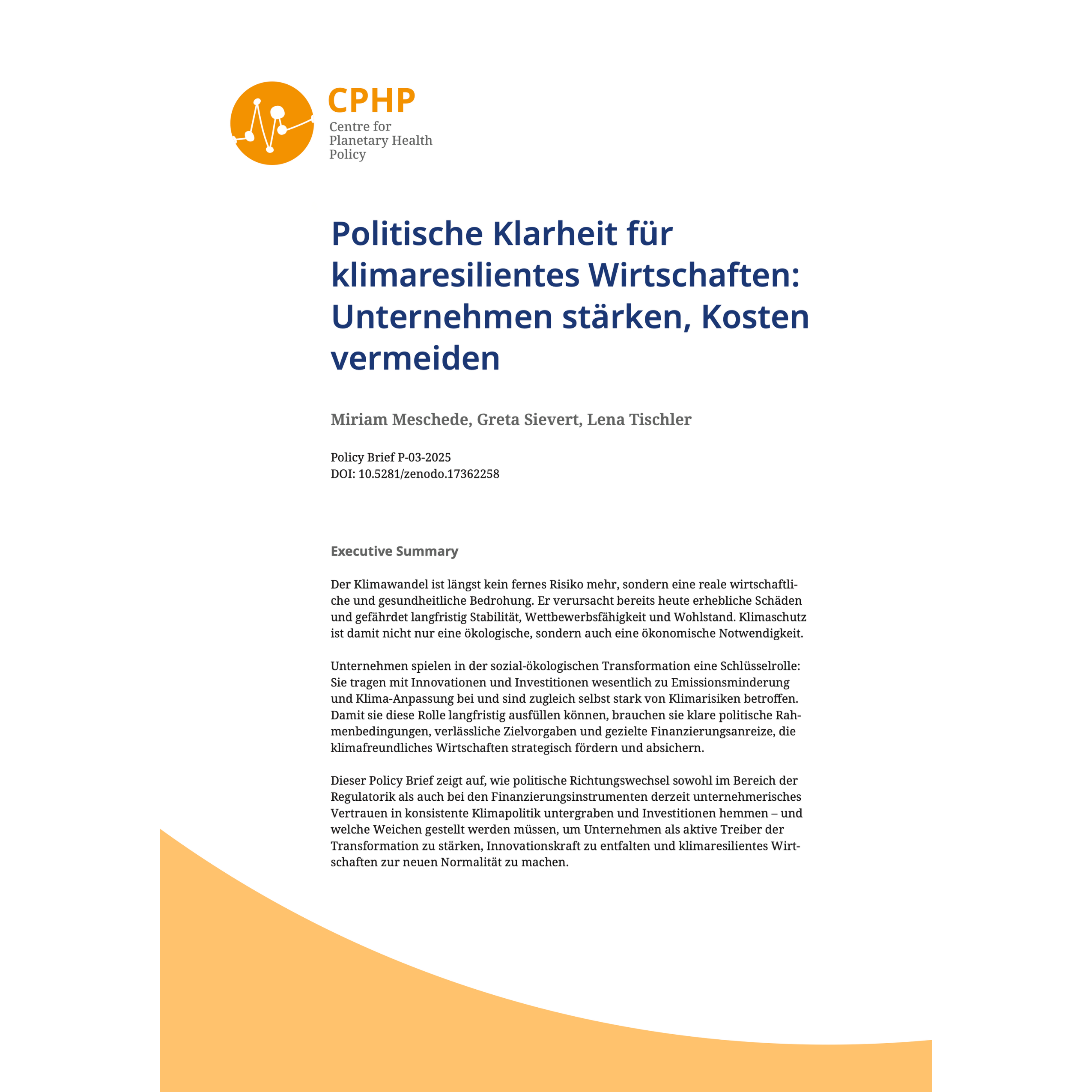 Poli­ti­sche Klar­heit für kli­ma­re­si­li­en­tes Wirt­schaf­ten: Unter­neh­men stär­ken, Kos­ten ver­mei­den