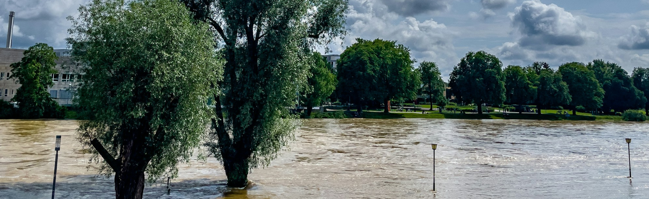 Fluss mit über die Ufer getretenem Hochwasser, Bäume stehen im Wasser, dunkle Regenwolken am Himmel.