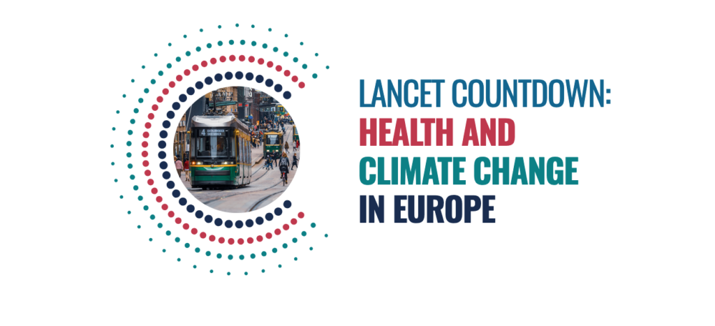 Kreisförmige Punktgrafik mit einem Straßenbahnfoto und dem Text 'LANCET COUNTDOWN: HEALTH AND CLIMATE CHANGE IN EUROPE'