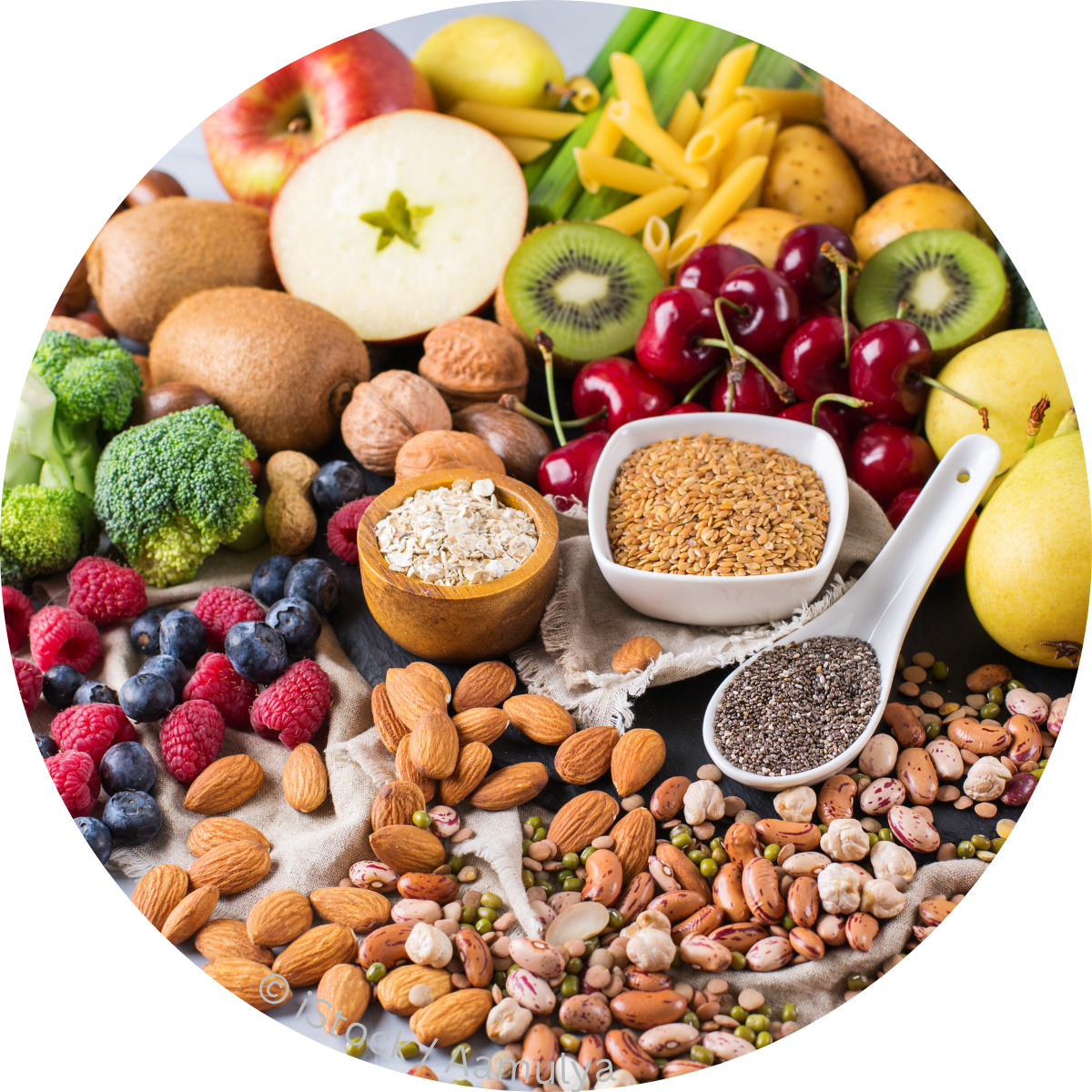 Selection of vegetables, fruits, nuts and seeds