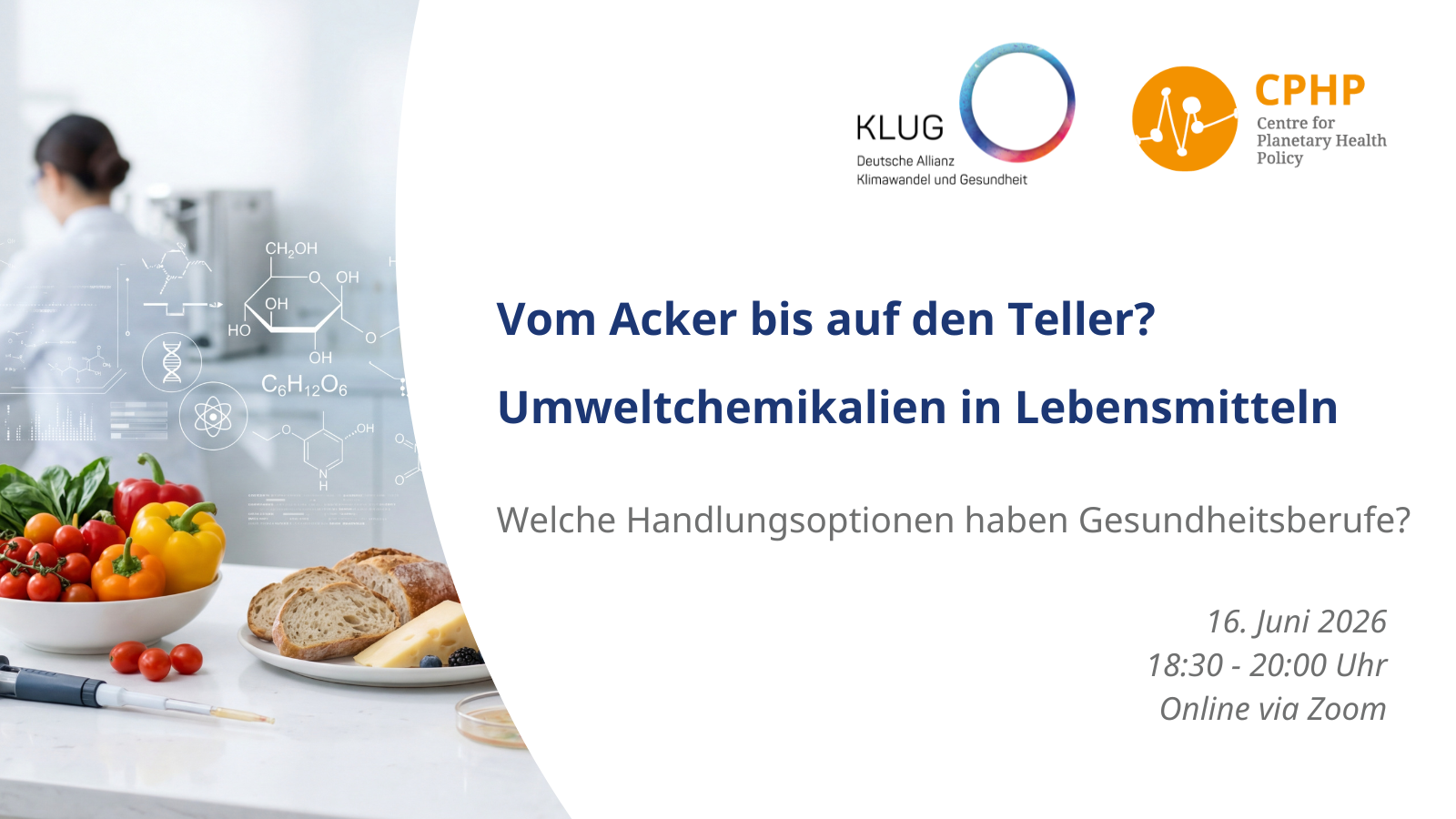 Links auf einem Tisch Gemüse und Brot in einer Laborumgebung, rechts Text zu einer Online-Veranstaltung über Umweltchemikalien in Lebensmitteln mit Datum und Uhrzeit