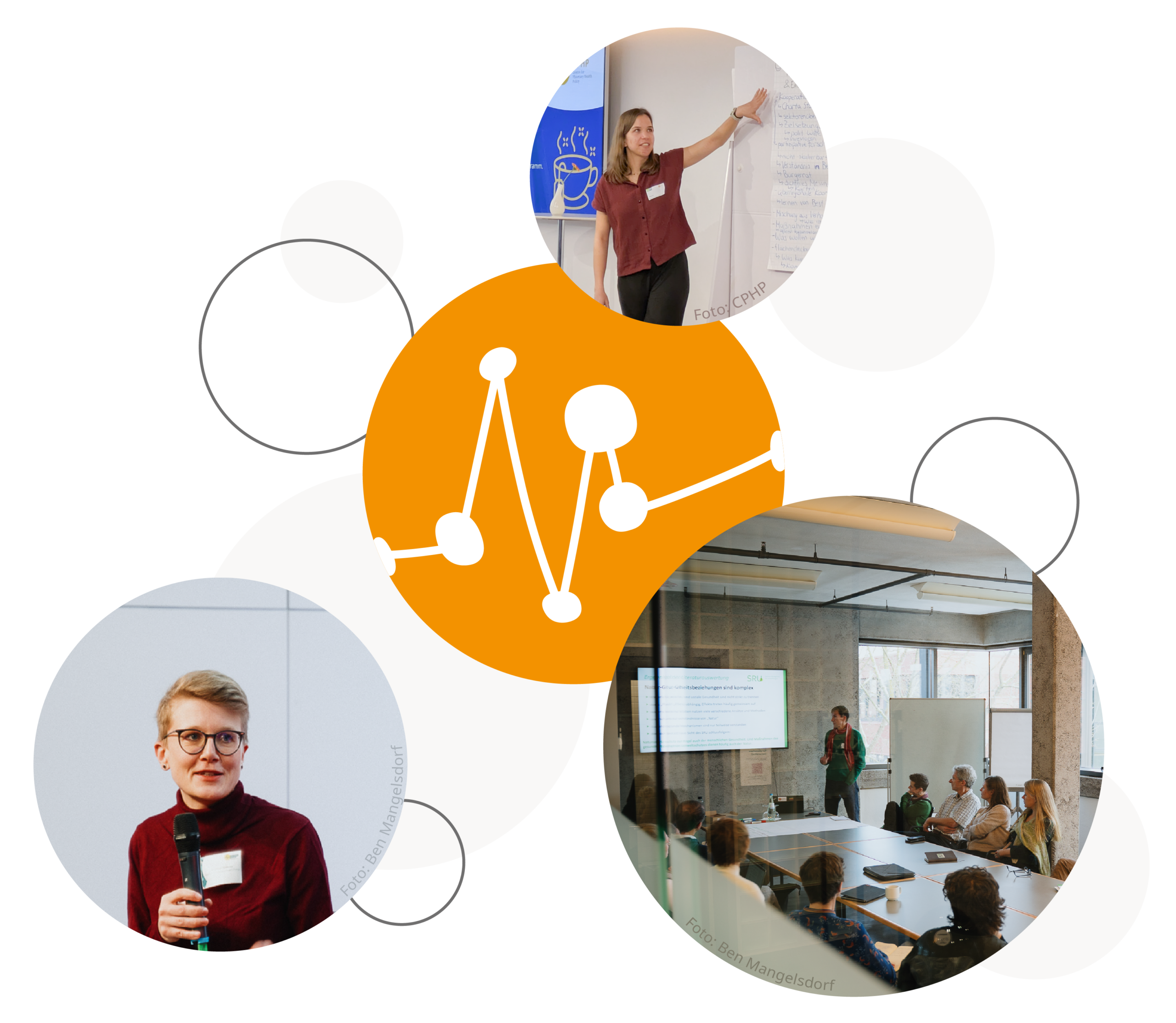 Drei Fotos in kreisförmiger Anordnung zeigen eine Person, die an einer Wand mit Flipchart präsentiert, eine Person mit Mikrofon und ein Meeting in einem Konferenzraum mit mehreren Teilnehmern. Außerdem ein Kreis mit dem Logo des Centre for Planetary Health Policy.