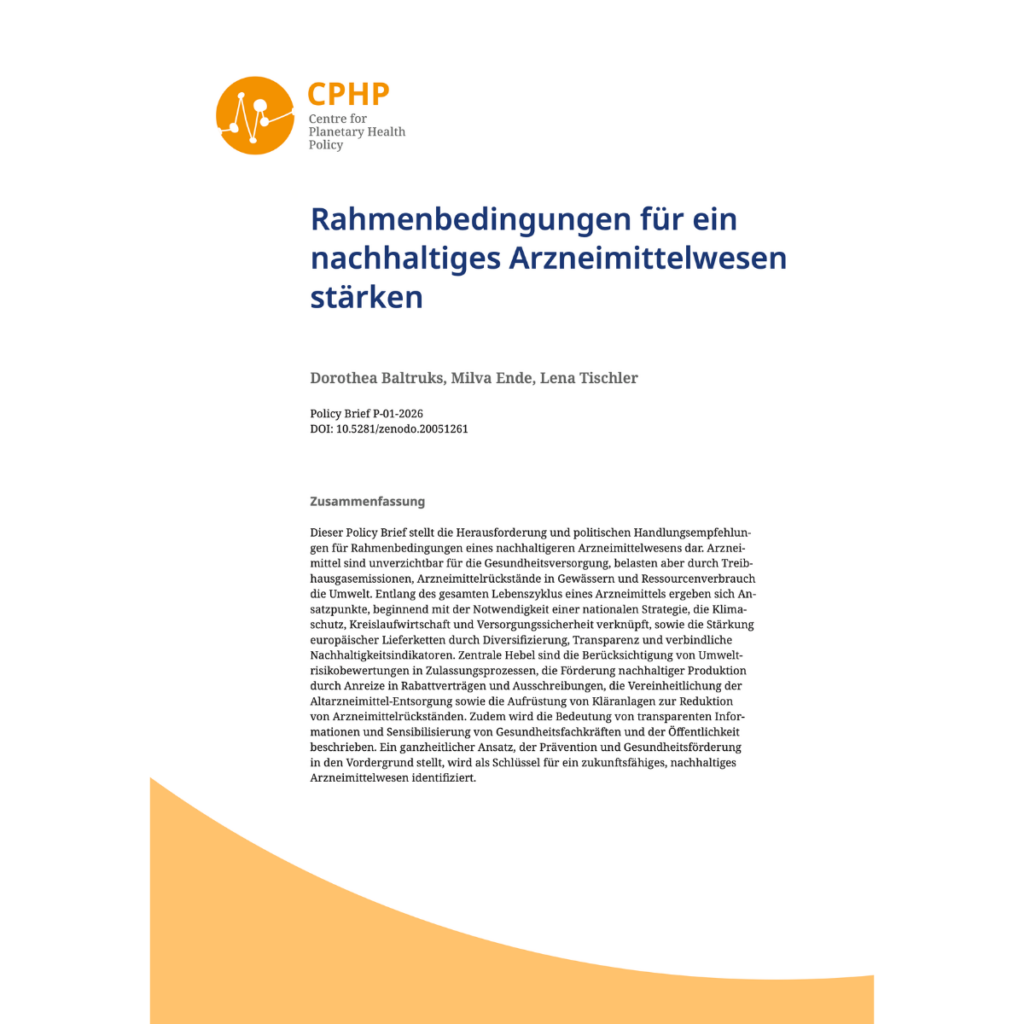 Titelseite des Policy Briefs "Rahmenbedingungen für ein nachhaltiges Arzneimittelwesen stärken"