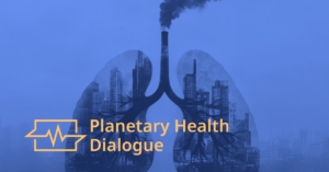 Silhouette von Lungen mit Stadt- und Industriesilhouetten darin und rauchendem Schornstein in der Mitte, darunter Schriftzug 'Planetary Health Dialogue'